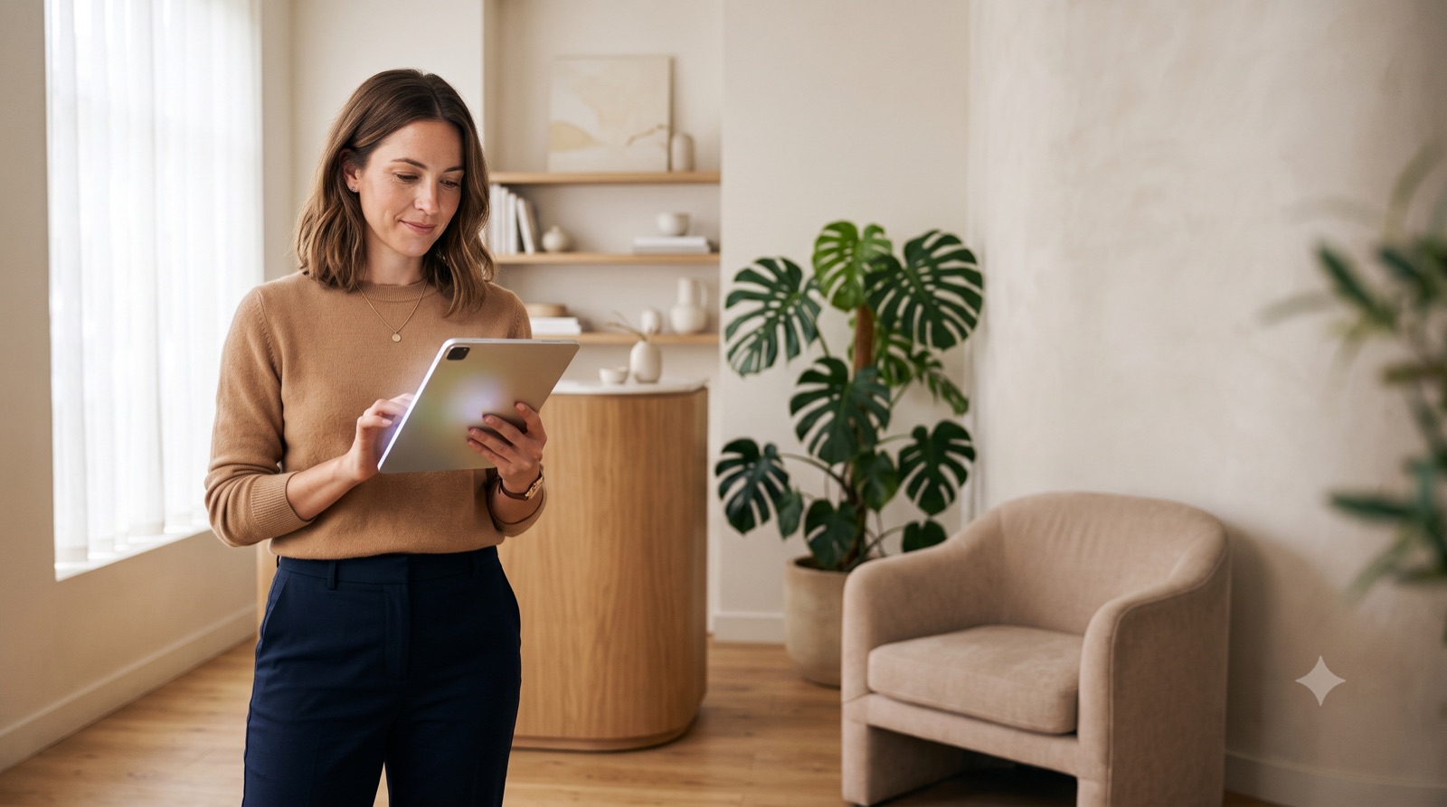 Business owner reviewing client activity on a tablet in a calm, modern office