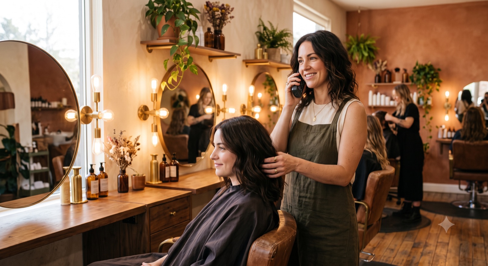 Hair salon stylist with a client